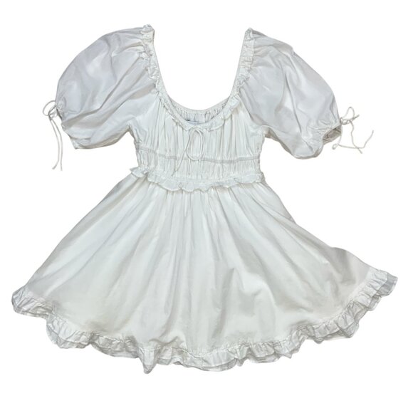 En Saison Puff-Sleeve Mini Dress S White Empire Waist Ruffle Trim Anthropologie - Picture 13 of 13